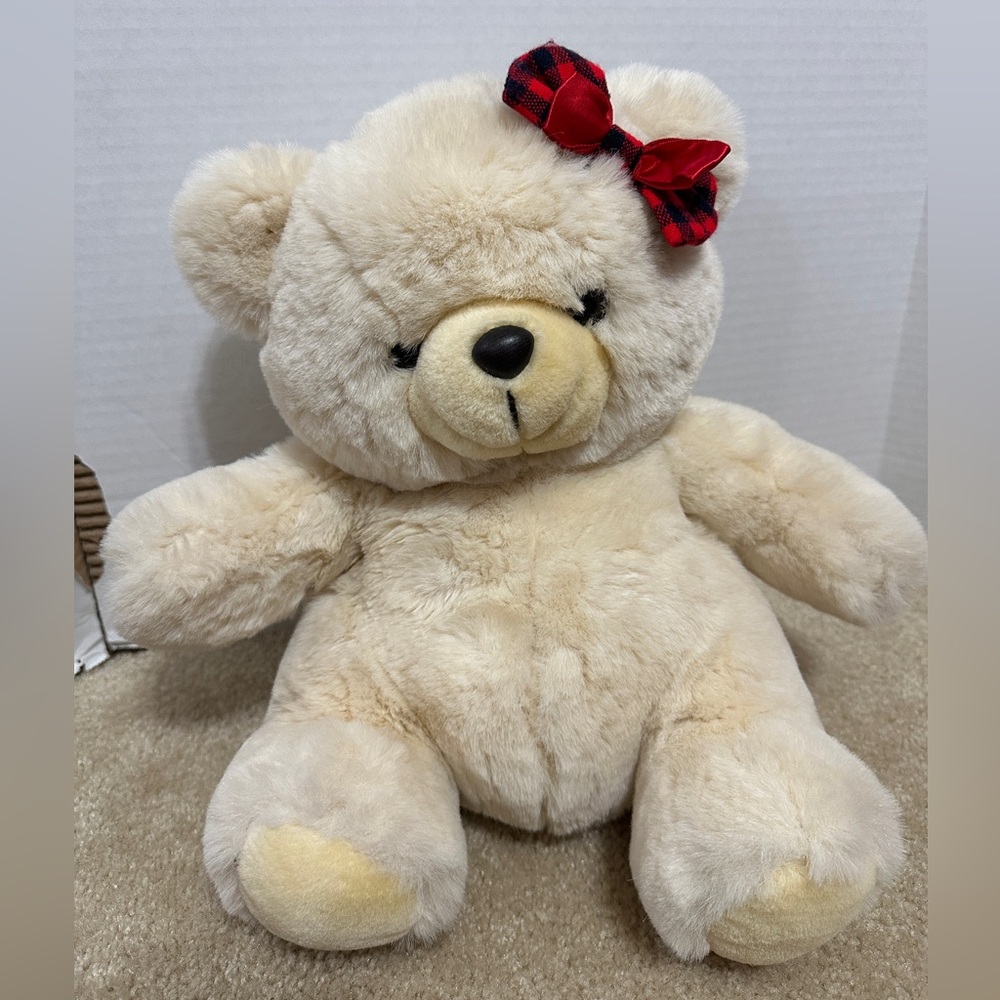 Vintage VONS companies White Teddy Bear Plush 12” Red Plaid Hair Bow